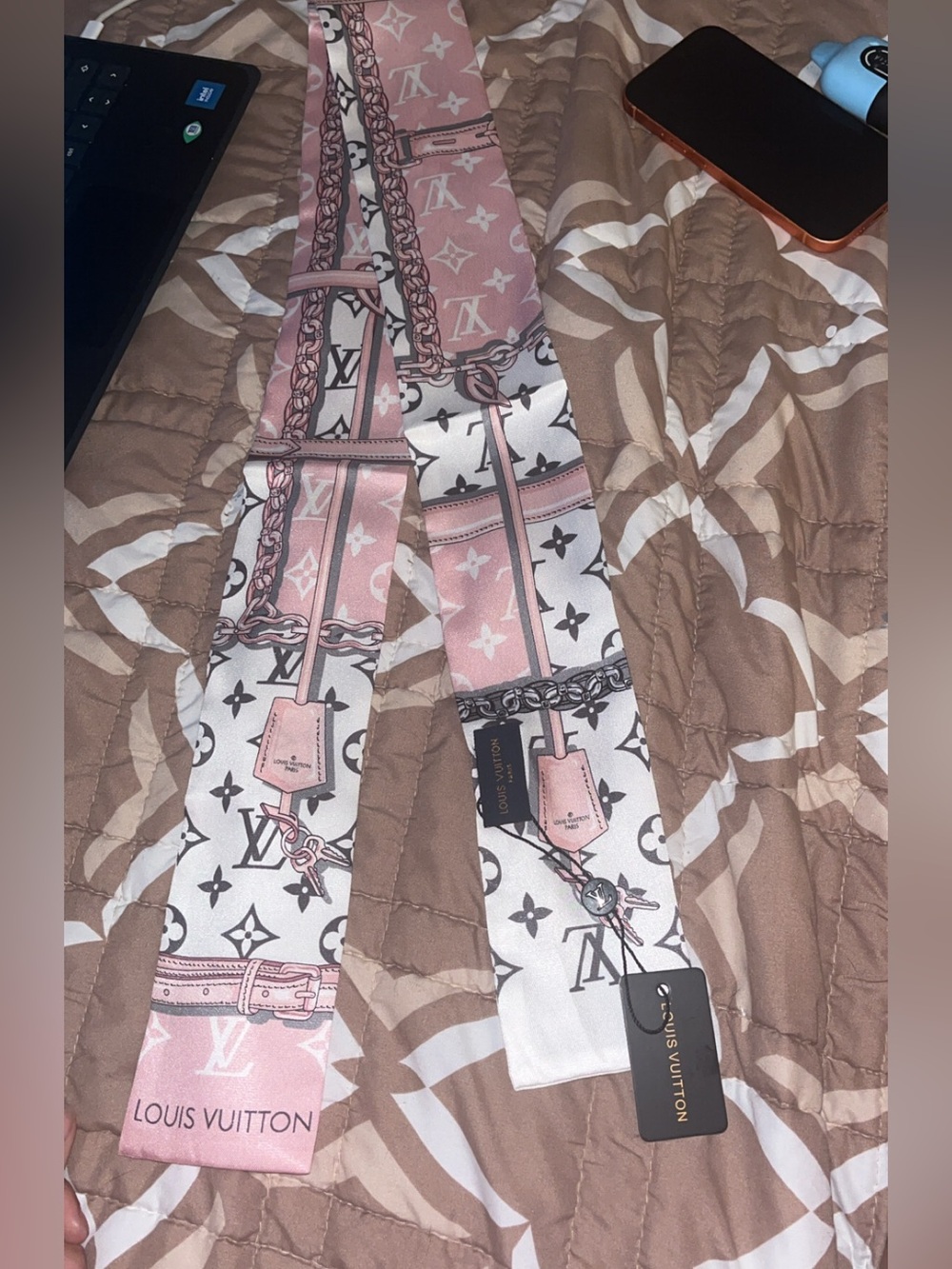 Louis Vuitton Pink & White Silk Bandeau Scarf